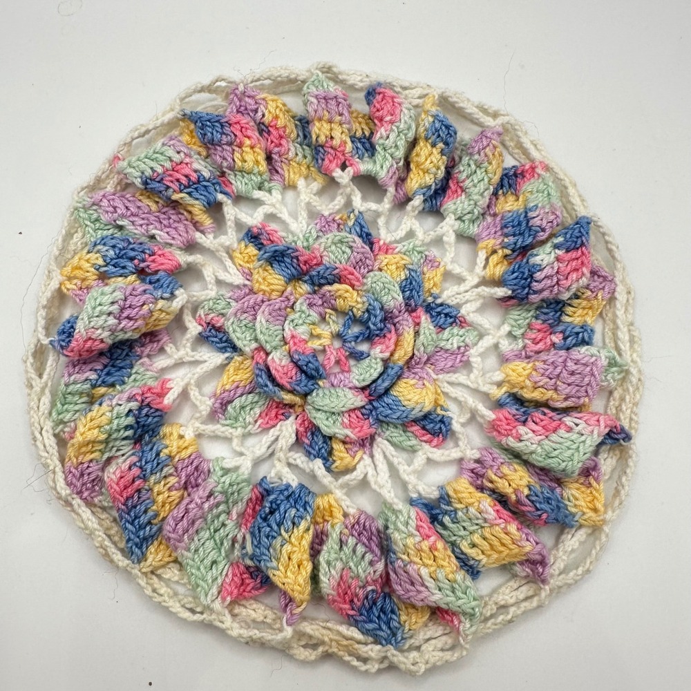 Vintage Handmade Crochet Doily Floral 3D Petal Multi Color Pastel Cottagecore